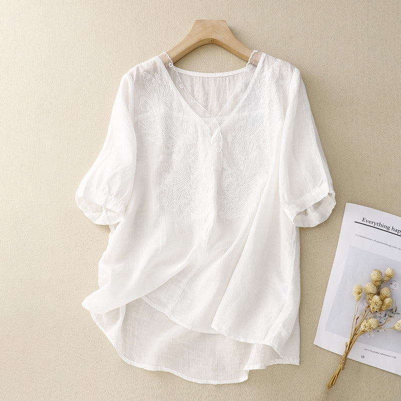 Ida | Damesblouse – Los Model – V-hals – Geborduurd – Ademend Materiaal