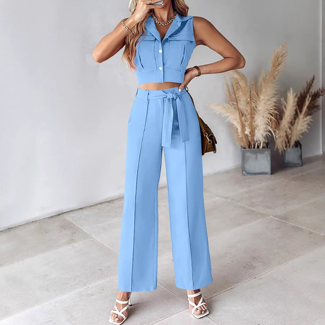 Gineke | Dames Pakkenset – Mouwloze Crop Top – Hoge Taille Wijde Broek – Afneembare Ceintuur