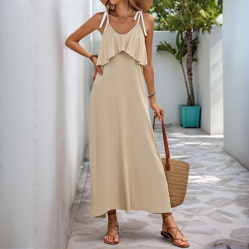 Anke | Dames Maxi Jurk – Losse Pasvorm, Strikbandjes, Ruches, Ademend Comfort