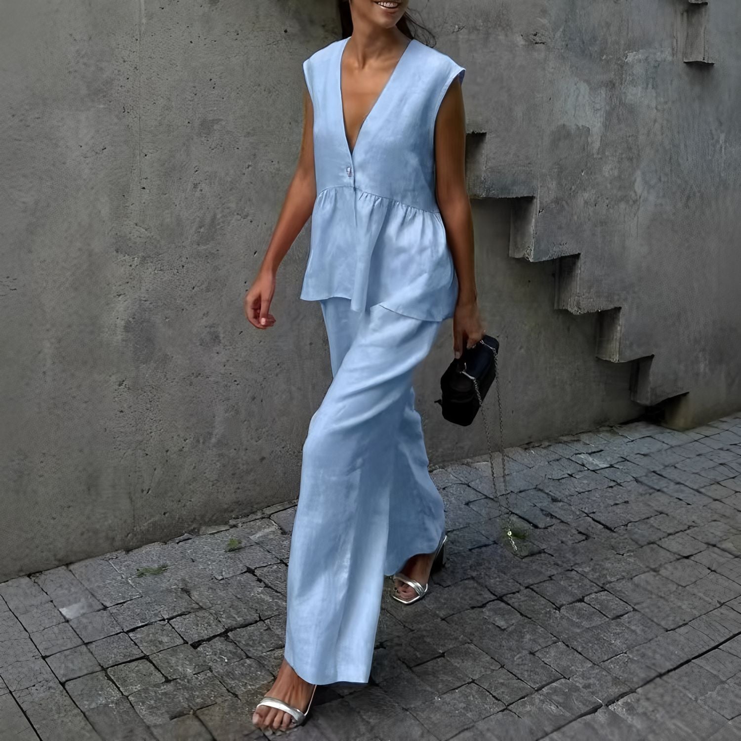 Camilla | Dames Tweedelige Set – Mouwloze Peplum Top met V-hals en Losse Lange Broek