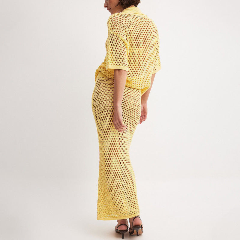 Mathilde | Dames Set Gebreide Rok en V-Hals Top – Visnetstructuur – Relaxte Pasvorm – Knoopsluiting