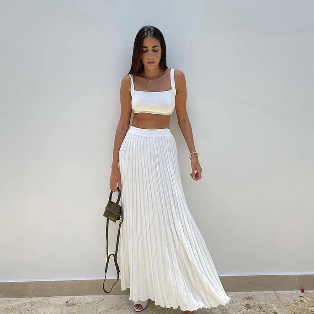 Mette | Dames Set Top en Plissé Maxi Rok – Slim Fit Gebreide Crop Top – Zachte Stretchstof