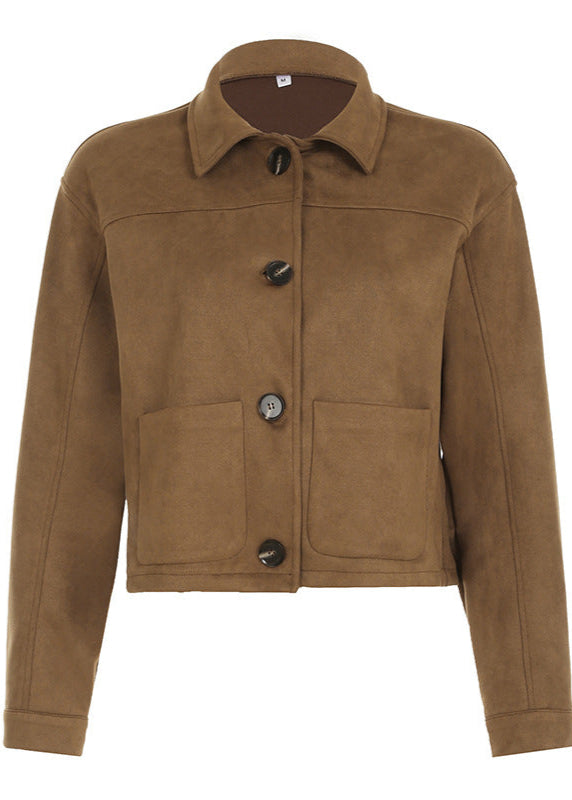 Luxe suède jas | Bruine damesjas met knoopdetails en relaxte pasvorm