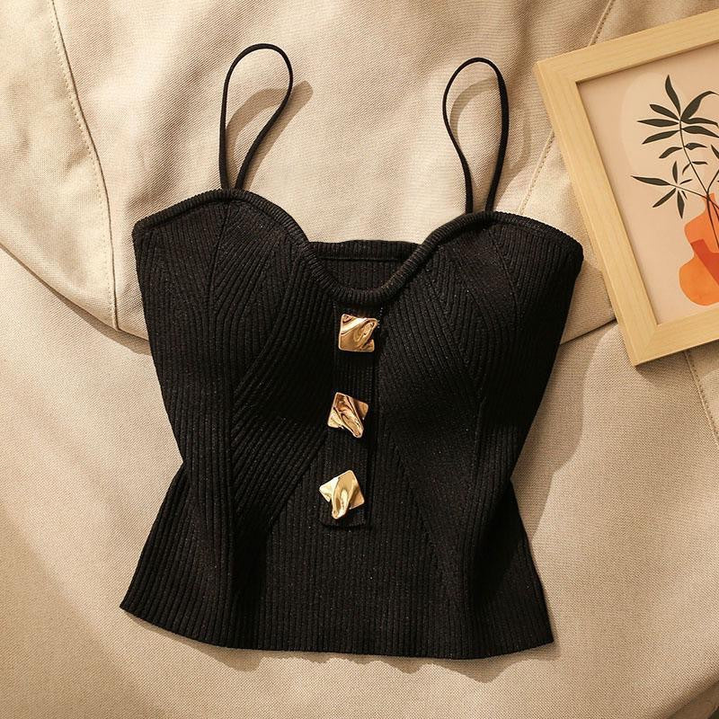 Marja | Dames Crop Camisole – Slim Fit – Geribbelde Soft Knit – Spaghetti Bandjes – Gouden Details