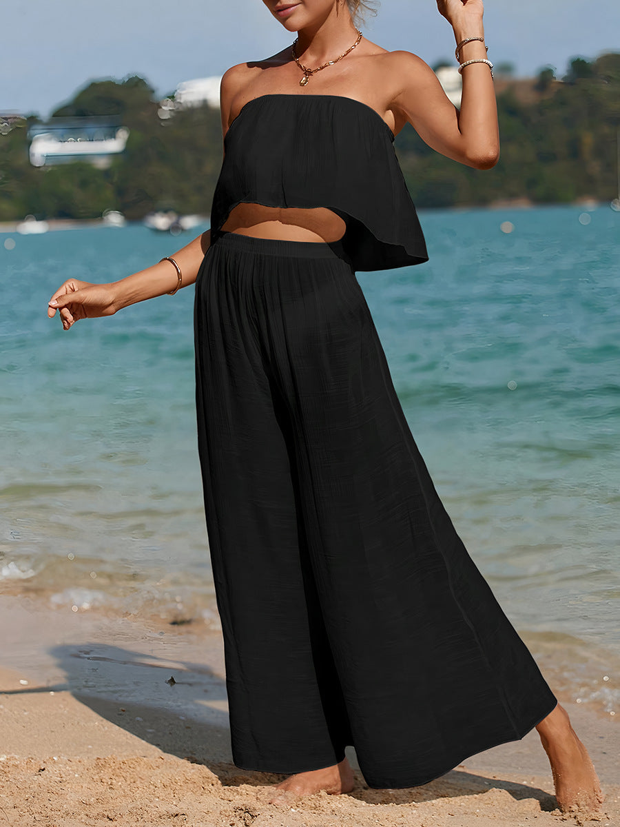 Carina | Dames Tweedelige Set – Strapless Top met Asymmetrische Zoom en Wijde Broek