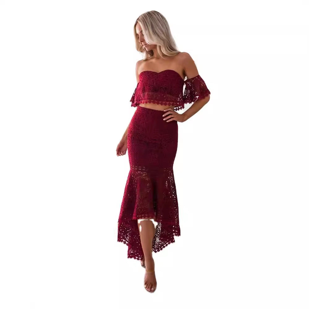 Ines | Dames Tweedelige Set – Kant Bustiertop Off Shoulder – Hoge Taille Kokerrok – Elegante Pasvorm