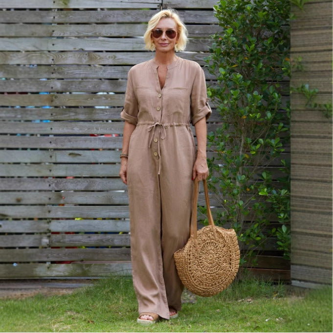 Klaasje | Dames jumpsuit – Relaxed fit met V-hals, verstelbare taille en ademende lange pijpen