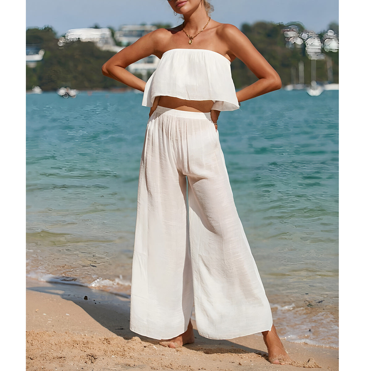 Carina | Dames Tweedelige Set – Strapless Top met Asymmetrische Zoom en Wijde Broek