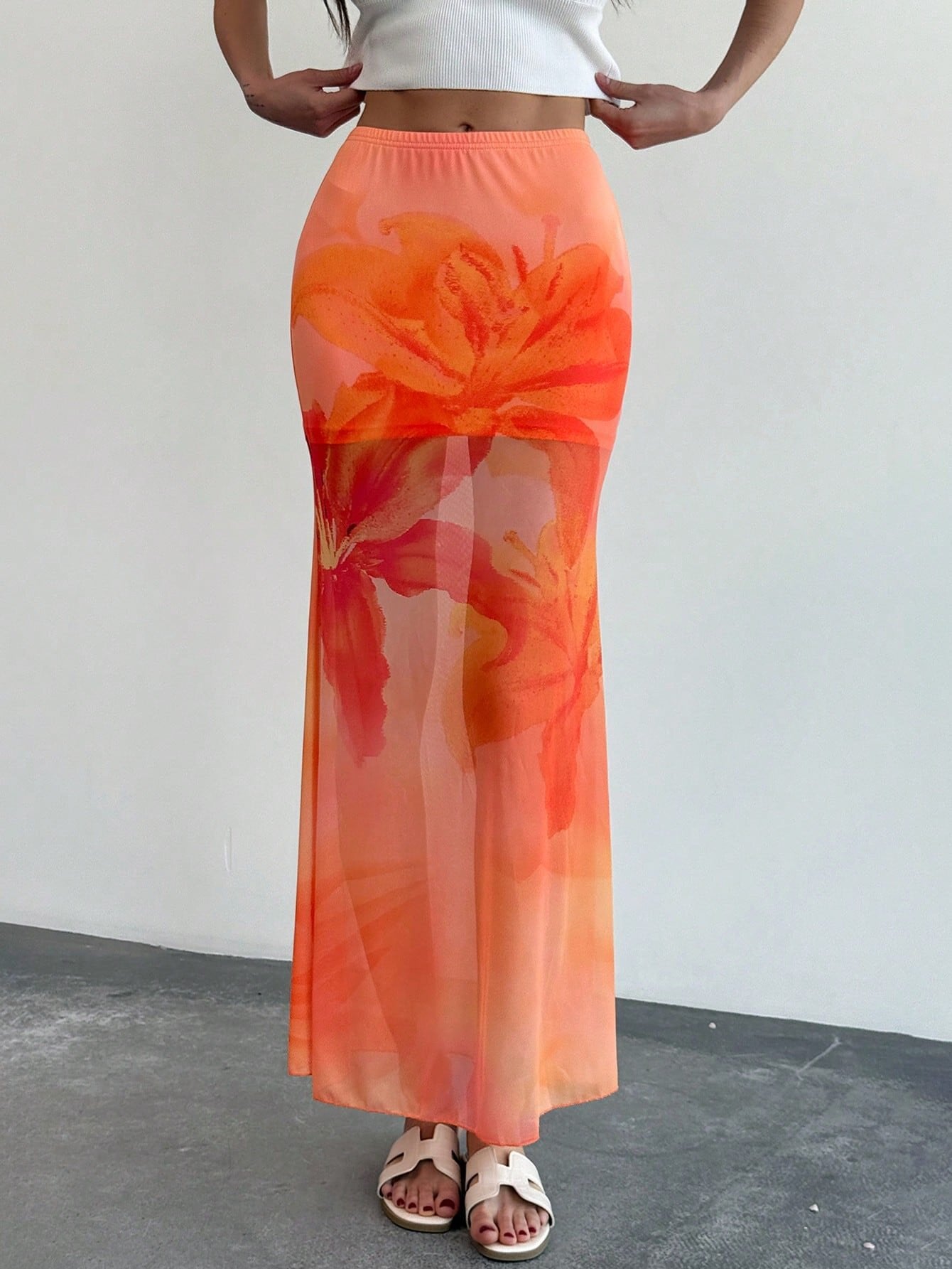 Beatrijs | Dames Lange Rok – Mesh Design, Zeemeermin Pasvorm, Transparante Bloemenprint
