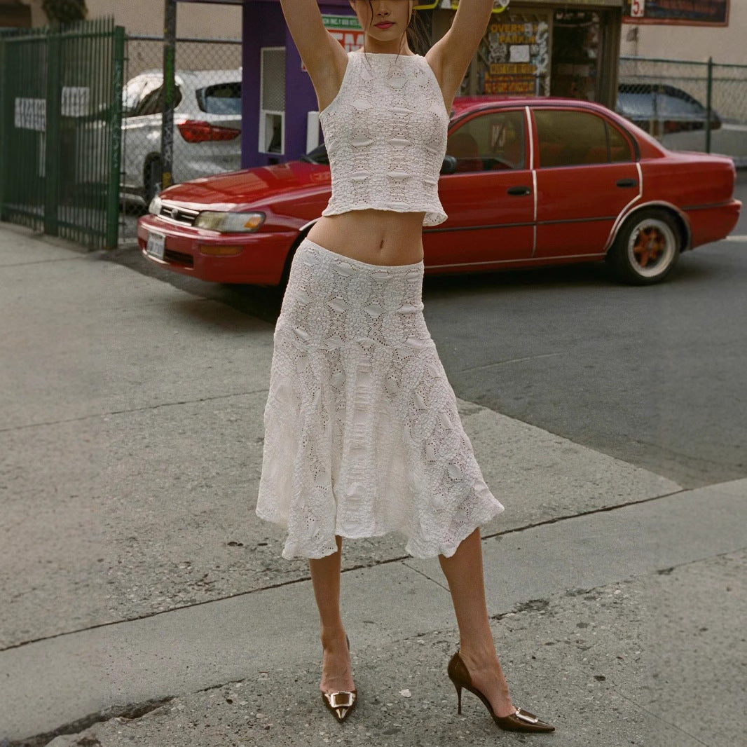 Yvonne | Dames Twee-Delige Set – Mouwloze Croptop & A-lijn Midirok – Ademend en Luchtig