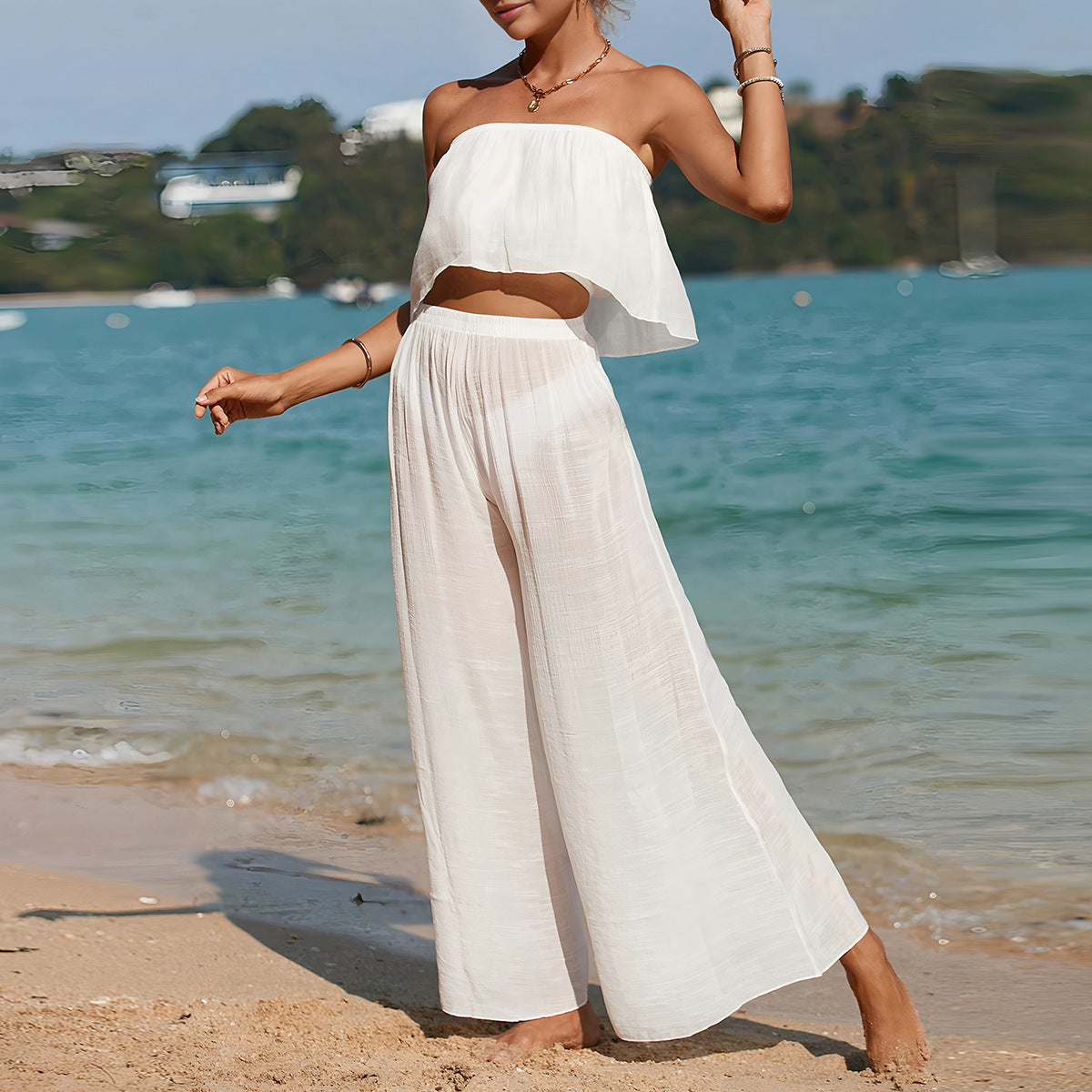 Carina | Dames Tweedelige Set – Strapless Top met Asymmetrische Zoom en Wijde Broek