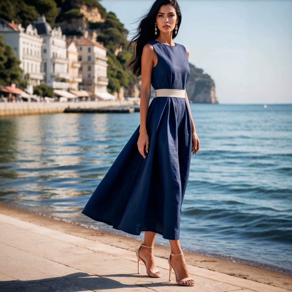 Kim | Dames midi jurk – Mouwloos fit & flare model met taillestrik in luchtige natuurlijke stof