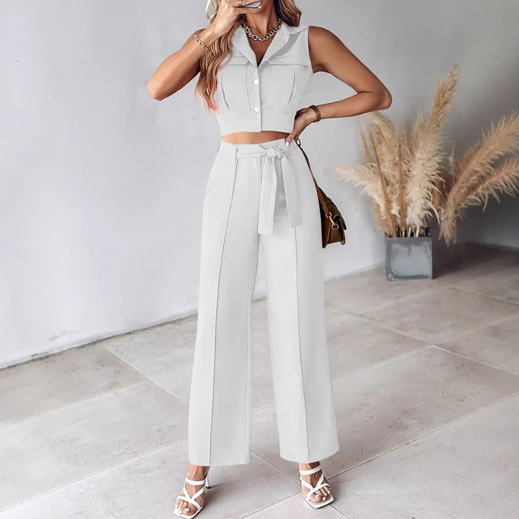 Gineke | Dames Pakkenset – Mouwloze Crop Top – Hoge Taille Wijde Broek – Afneembare Ceintuur