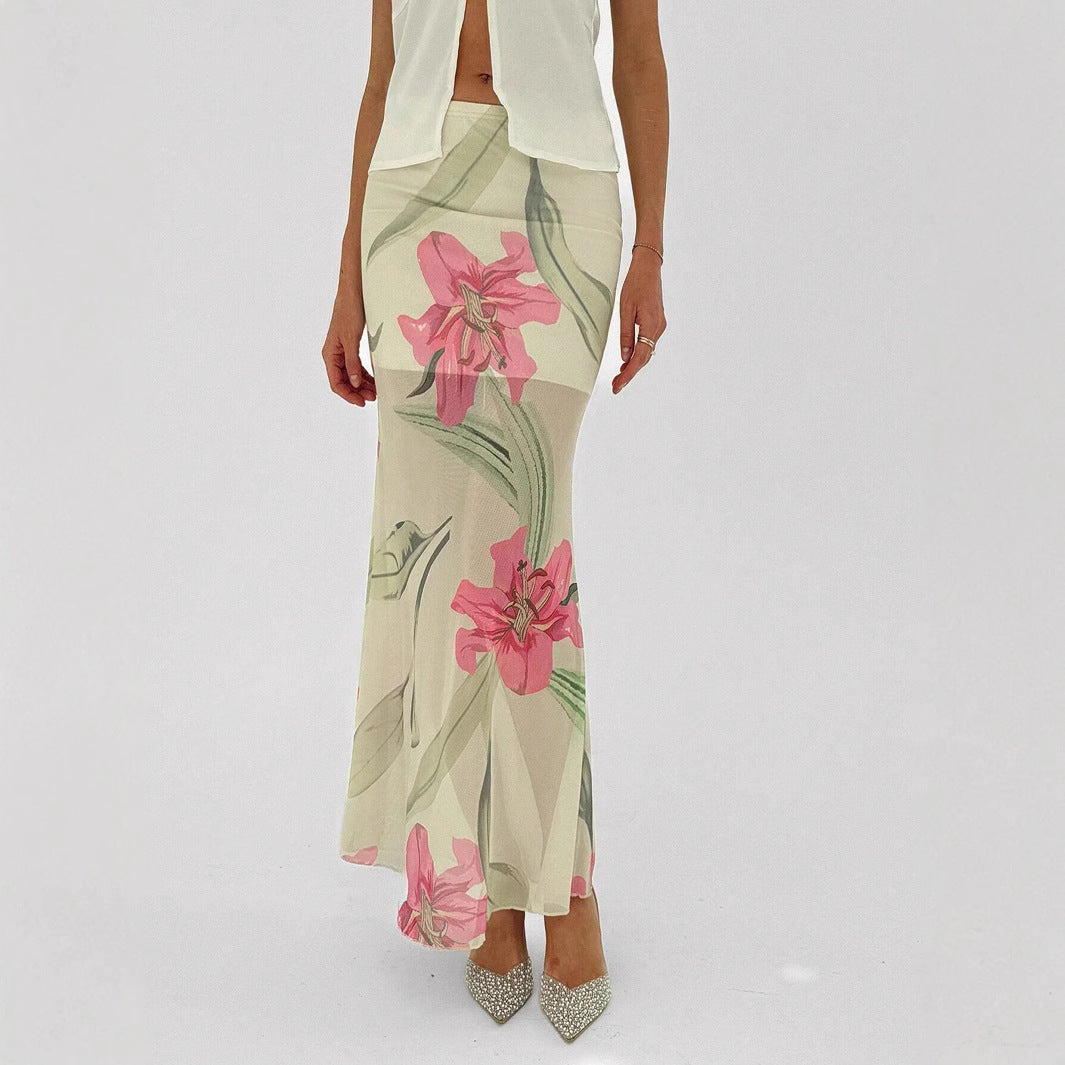 Beatrijs | Dames Lange Rok – Mesh Design, Zeemeermin Pasvorm, Transparante Bloemenprint