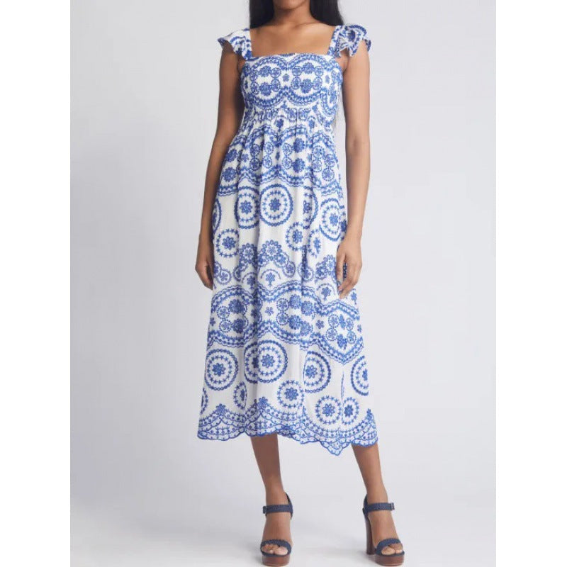 Isaura | Dames Midi Jurk – Vierkante Hals – Ruffle Mouwen – Relaxte Pasvorm – Natuurlijke Stoffen