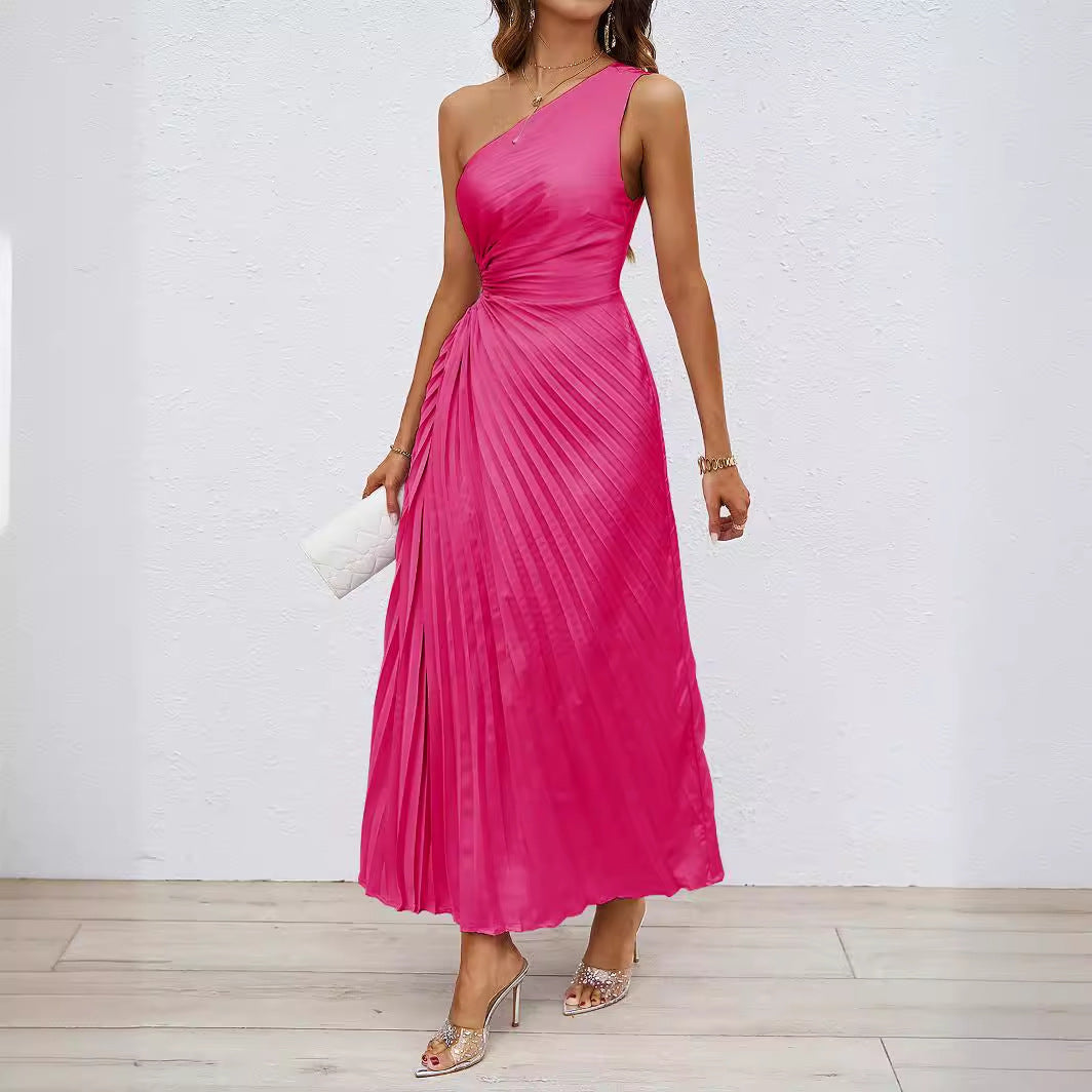 Christine | Dames Maxi Jurk – Eén Schouder, Elegante Pasvorm, Ruches Taille, Cut-Out Detail