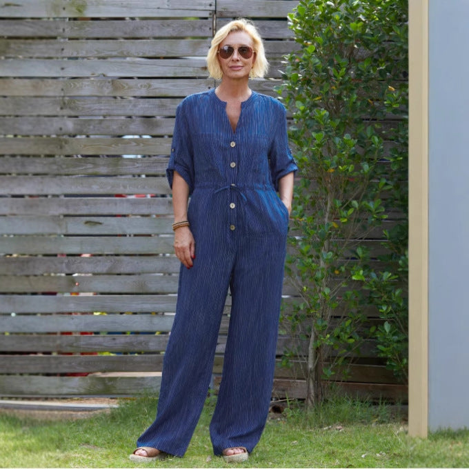 Klaasje | Dames jumpsuit – Relaxed fit met V-hals, verstelbare taille en ademende lange pijpen
