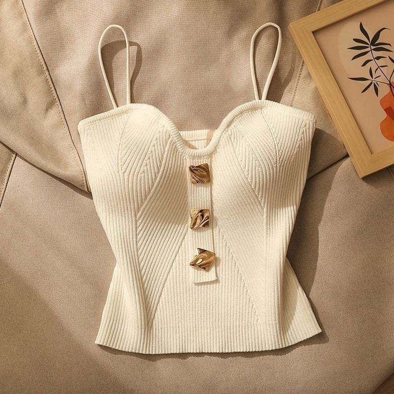 Marja | Dames Crop Camisole – Slim Fit – Geribbelde Soft Knit – Spaghetti Bandjes – Gouden Details