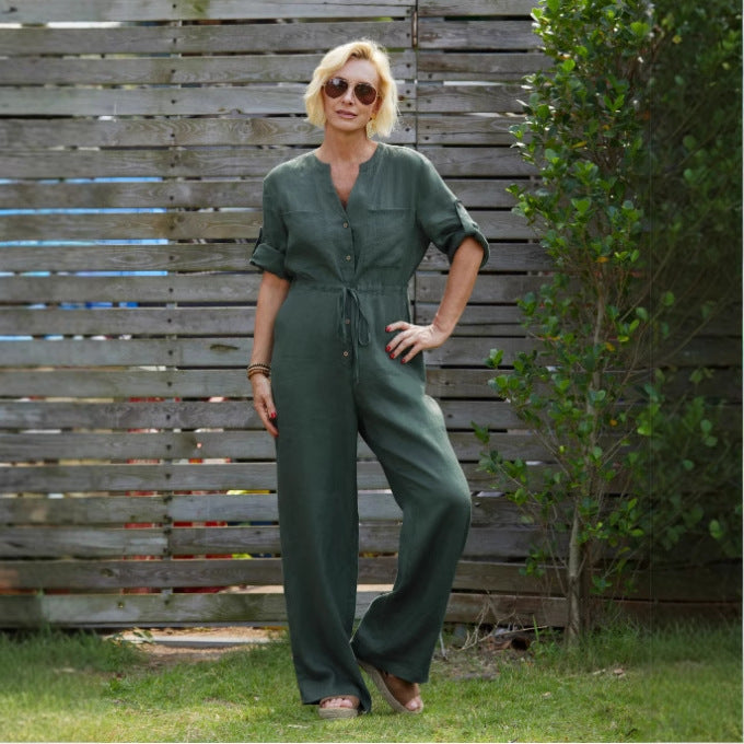 Klaasje | Dames jumpsuit – Relaxed fit met V-hals, verstelbare taille en ademende lange pijpen