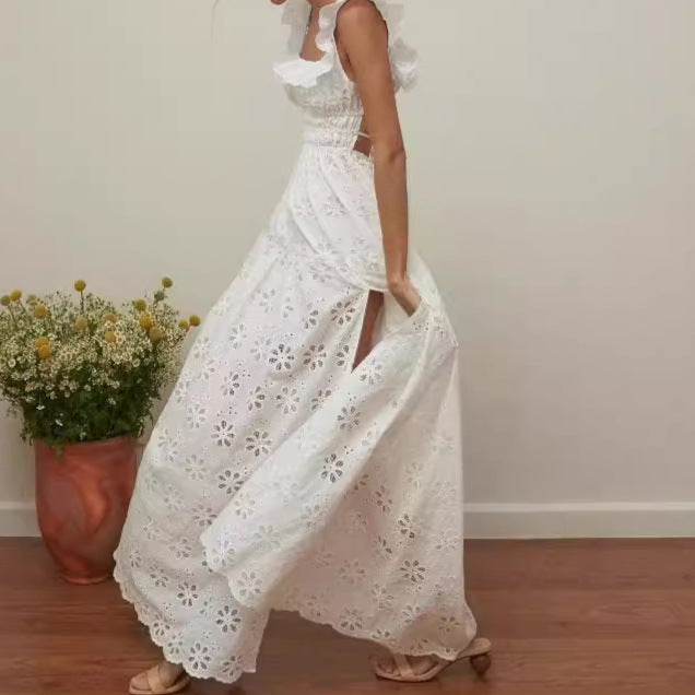 Rika | Dames Maxi Jurk – Ruches Bandjes, Vierkante Hals & Verleidelijke Split – Ademend Design