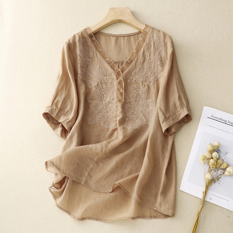 Ida | Damesblouse – Los Model – V-hals – Geborduurd – Ademend Materiaal