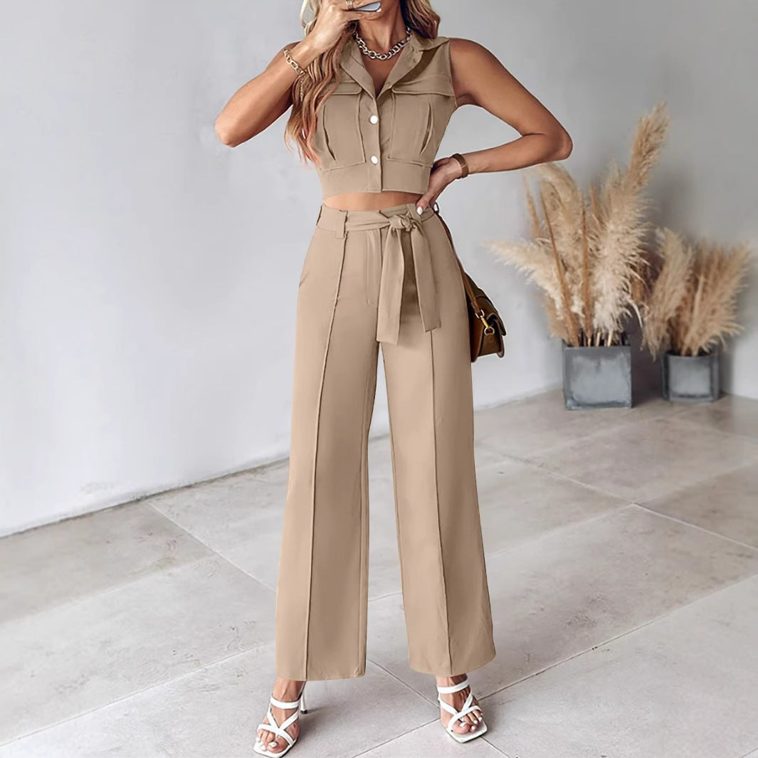 Gineke | Dames Pakkenset – Mouwloze Crop Top – Hoge Taille Wijde Broek – Afneembare Ceintuur