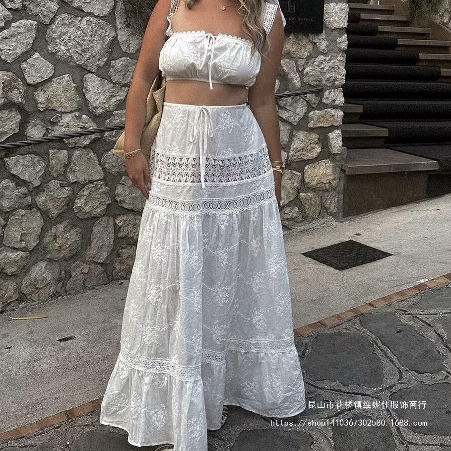 Pauline | Dames Two-Piece Set – Off-Shoulder Kanten Crop Top en Gelaagde Maxi Rok