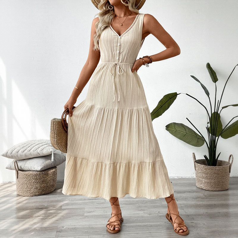 Arja | Dames Midi Jurk – Mouwloos, V-Hals, Relaxte Pasvorm, Gelaagde Rok