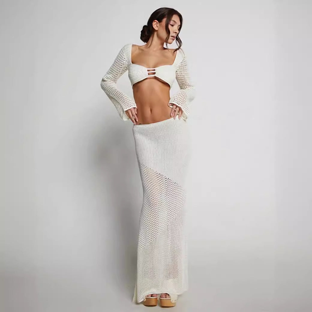 Bibi | Dames Set van Gebreide Rok en Crop Top – Slim Fit, Ademend Opengeweven Design