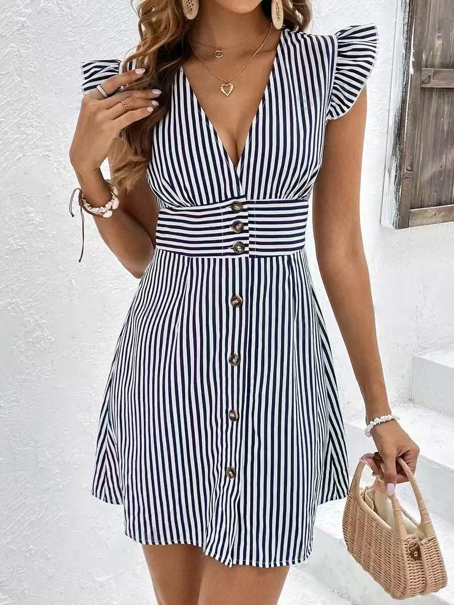 Gestreepte Zomerjurk | Damesjurk met A-lijn, V-Hals en Ruffle Mouwen voor Casual Chic