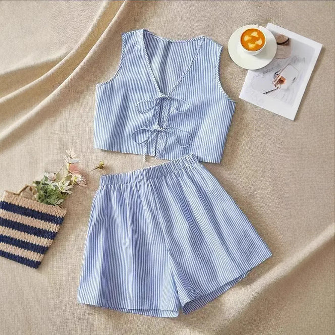 Ria | Dames Tweedelige Set – Mouwloze Crop Top met Strik & Hoge Taille Shorts – Ademend