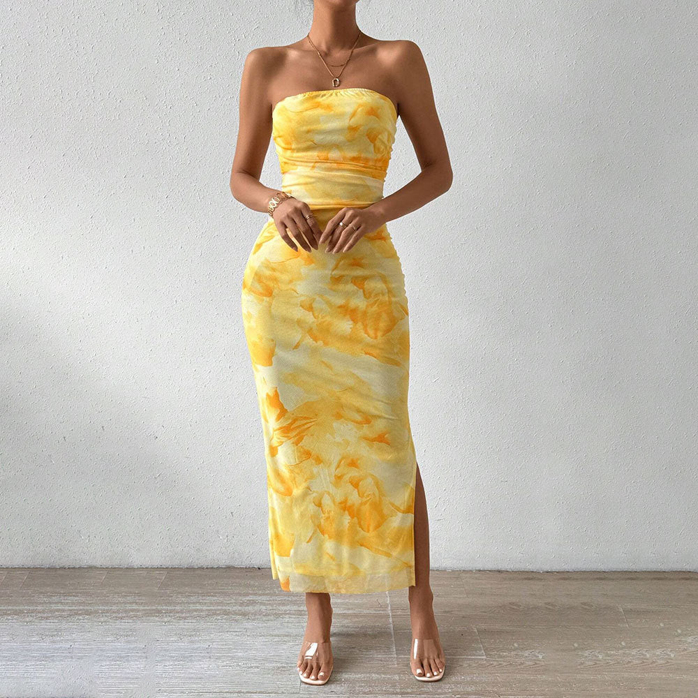 Neeltje | Dames Strapless Maxi Jurk – Slim Fit – Mesh – Zijsplit