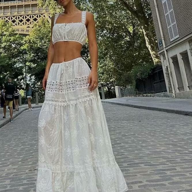Pauline | Dames Two-Piece Set – Off-Shoulder Kanten Crop Top en Gelaagde Maxi Rok