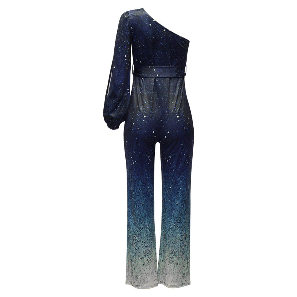 Gretha | Dames Jumpsuit met One-Shoulder Design – Glamoureuze Disco Jumpsuit met Ombre Wijde Pijpen