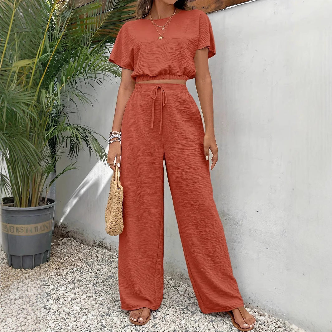 Cloë | Dames Tweedelige Set – Crop Top met Batwing Mouwen en Wijde Broek met Trekkoord