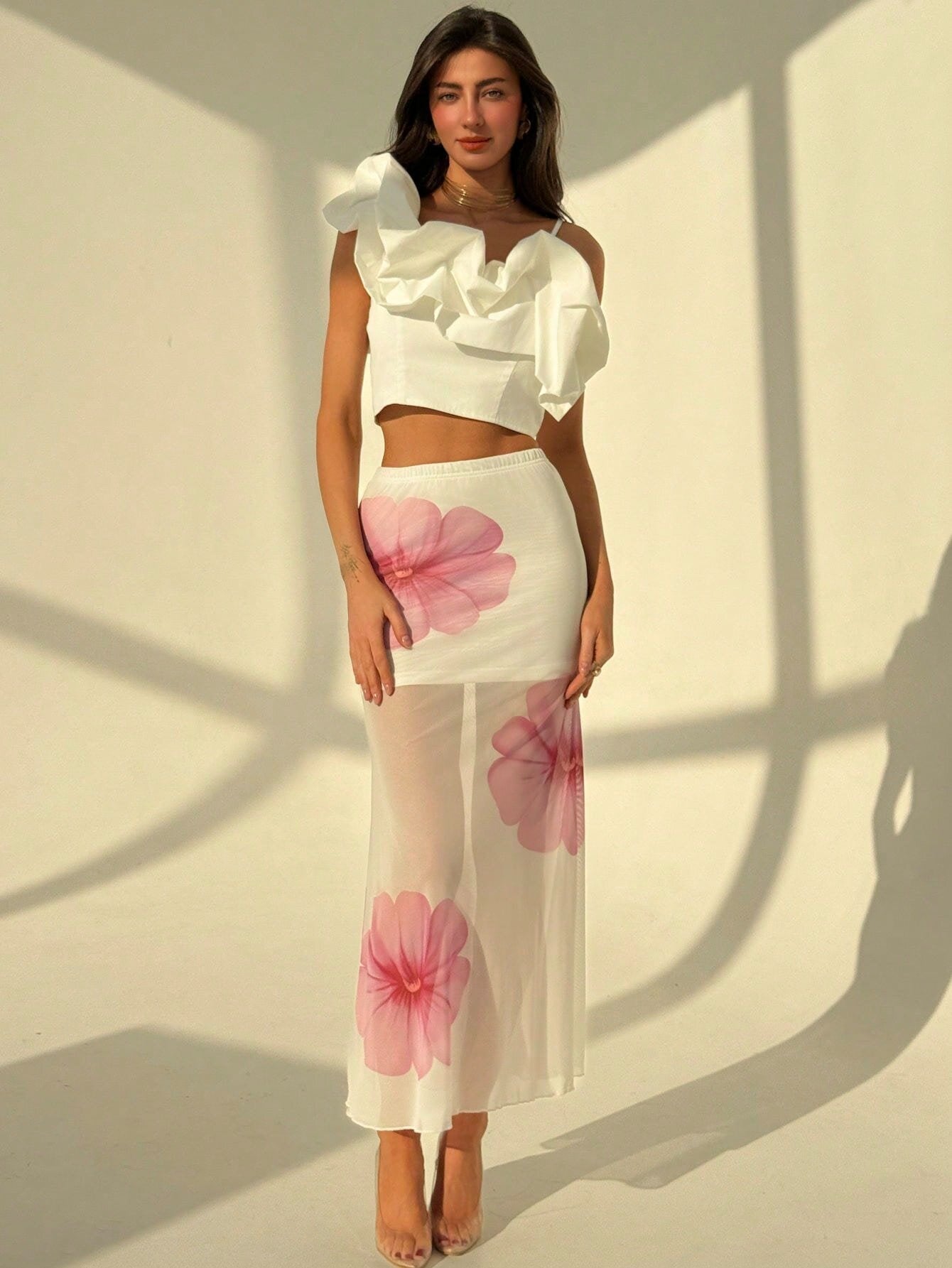Beatrijs | Dames Lange Rok – Mesh Design, Zeemeermin Pasvorm, Transparante Bloemenprint