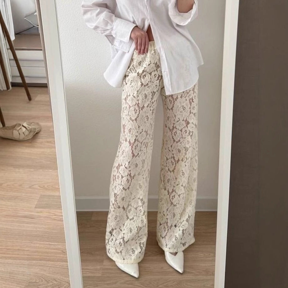 Sofie | Dames Broek met Wijde Pijpen – Elegante Pasvorm, Kant Textuur & Semi Transparant