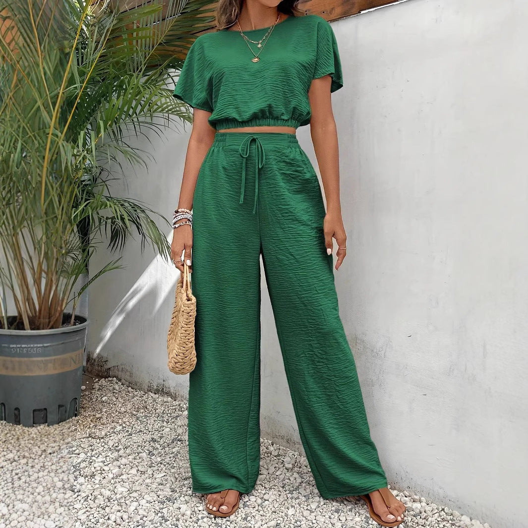 Cloë | Dames Tweedelige Set – Crop Top met Batwing Mouwen en Wijde Broek met Trekkoord