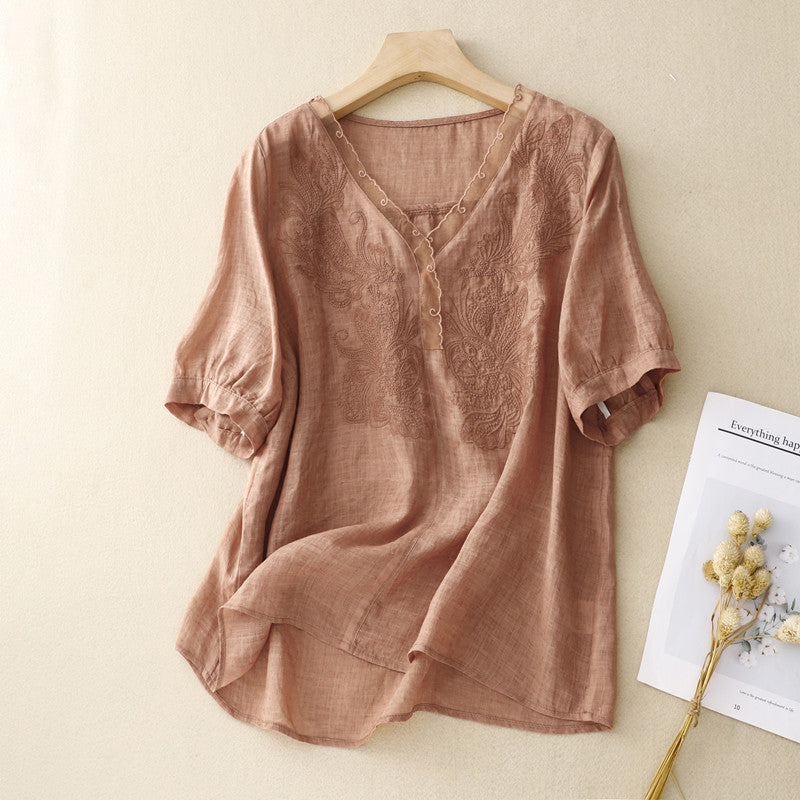 Ida | Damesblouse – Los Model – V-hals – Geborduurd – Ademend Materiaal