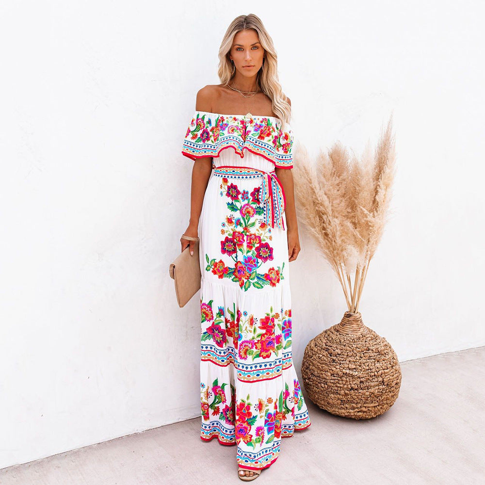 Miranda | Dames Maxi Jurk – Off-Shoulder Ruffle – Bloemenprint – Gelaagde Rok