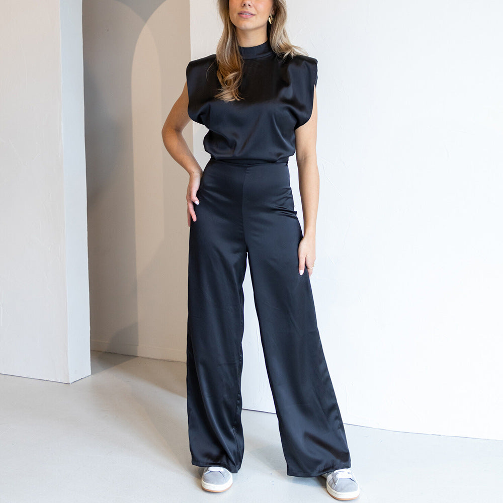 Catharina | Dames Jumpsuit – Luxe Satijnlook, Mouwloos, Wijde Pijpen, Open Rug