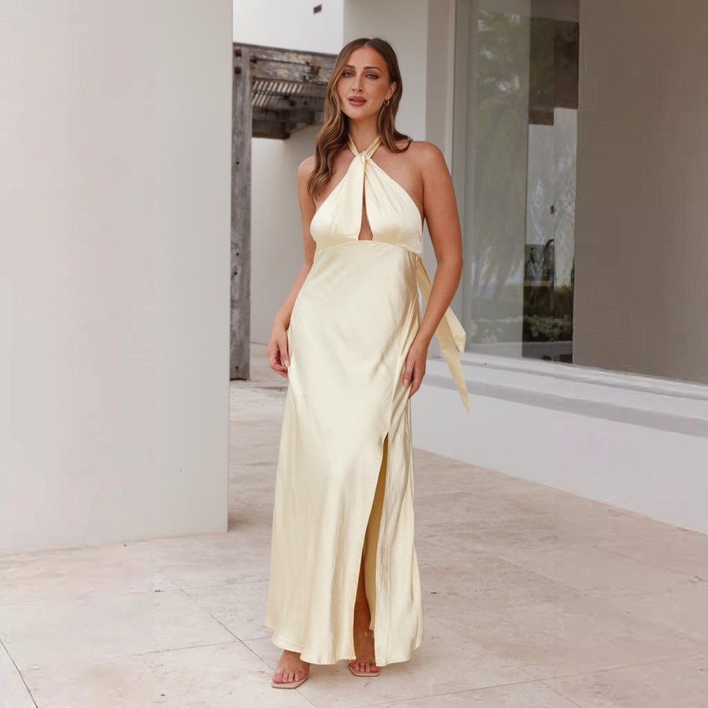 Douwe | Dames Galajurk - Halternek, Fitted Taille, Luxe Glanzende Stof, Maxi Lengte