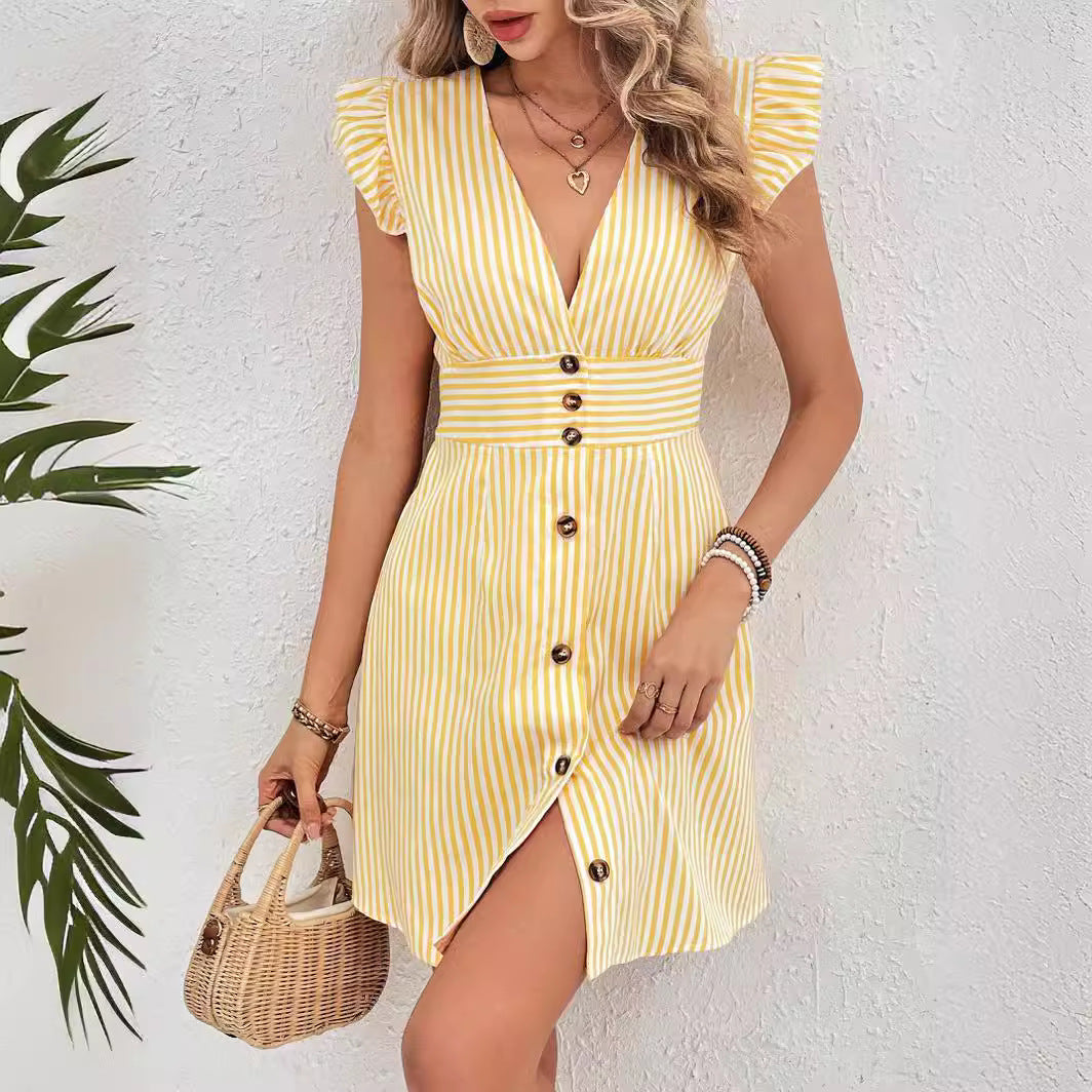 Gestreepte Zomerjurk | Damesjurk met A-lijn, V-Hals en Ruffle Mouwen voor Casual Chic