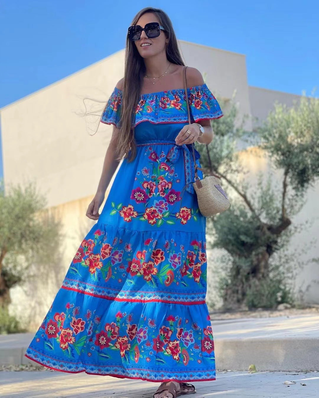 Miranda | Dames Maxi Jurk – Off-Shoulder Ruffle – Bloemenprint – Gelaagde Rok