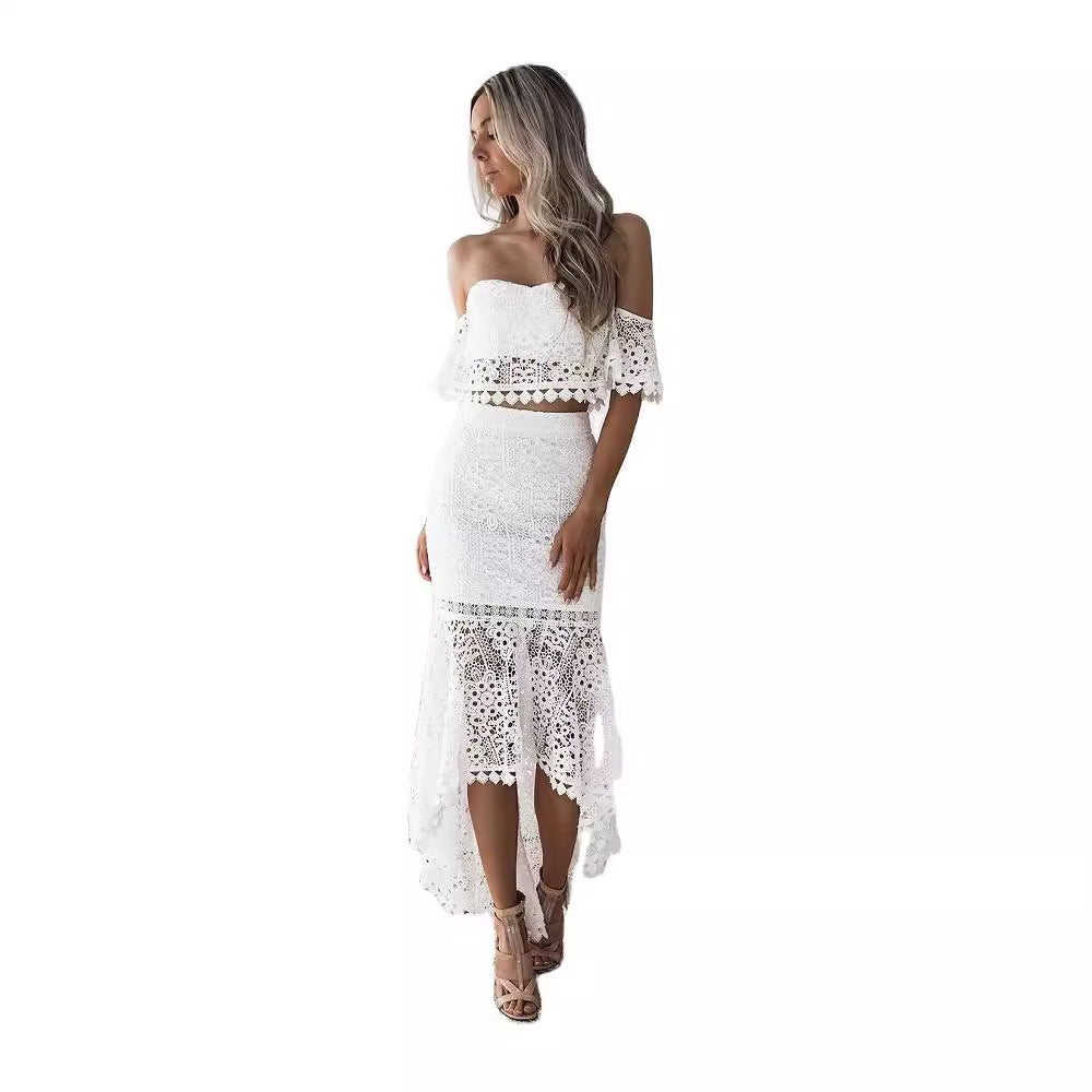 Ines | Dames Tweedelige Set – Kant Bustiertop Off Shoulder – Hoge Taille Kokerrok – Elegante Pasvorm