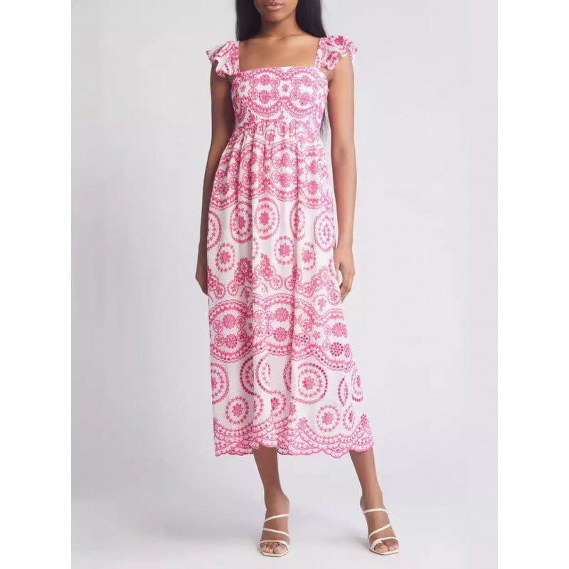 Isaura | Dames Midi Jurk – Vierkante Hals – Ruffle Mouwen – Relaxte Pasvorm – Natuurlijke Stoffen