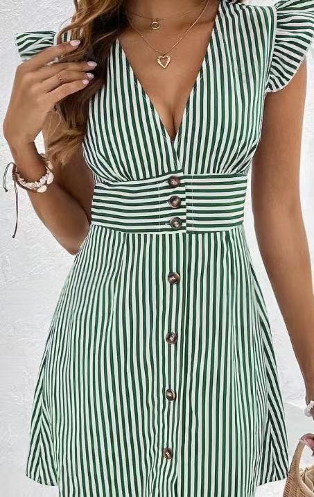 Gestreepte Zomerjurk | Damesjurk met A-lijn, V-Hals en Ruffle Mouwen voor Casual Chic