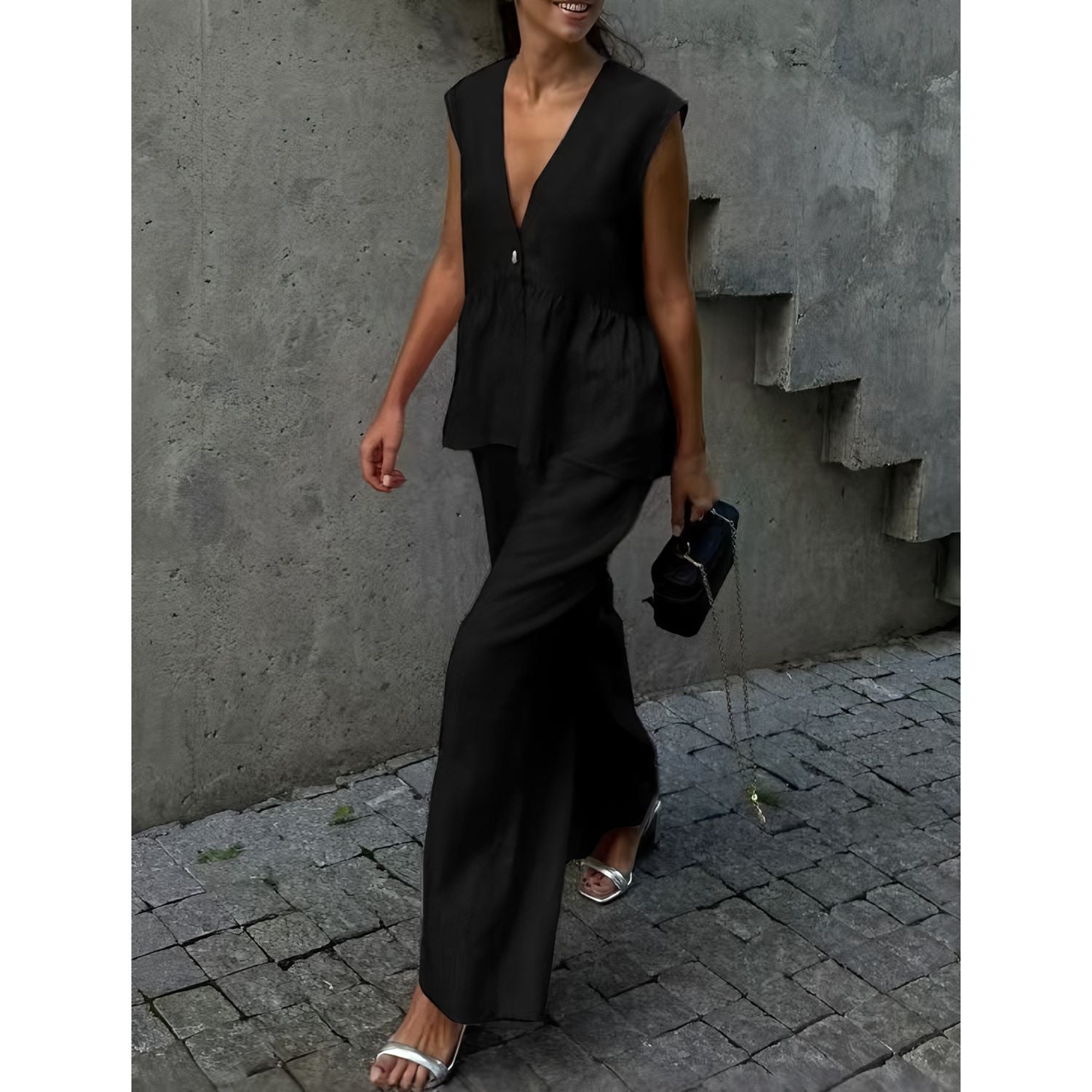 Camilla | Dames Tweedelige Set – Mouwloze Peplum Top met V-hals en Losse Lange Broek