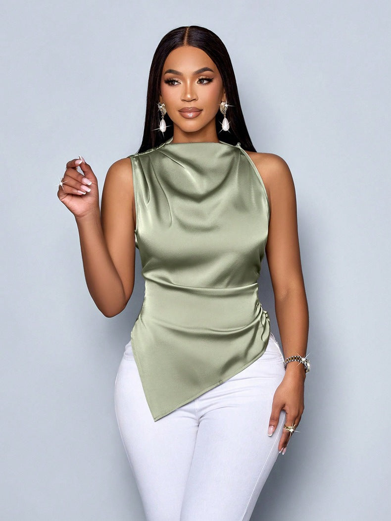 Margaretha | Dames Blouse Zonder Mouwen – Slim Fit – Asymmetrische Zoom – Hoge Hals – Luxe Glanzende Stof