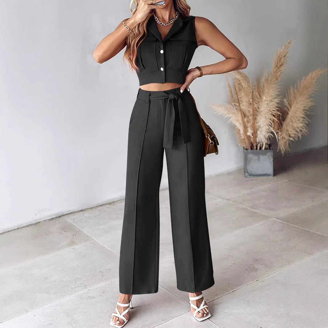 Gineke | Dames Pakkenset – Mouwloze Crop Top – Hoge Taille Wijde Broek – Afneembare Ceintuur